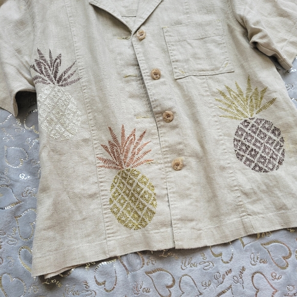 Tan Pineapple Top Embroidered Button Down Vacation - Picture 3 of 7